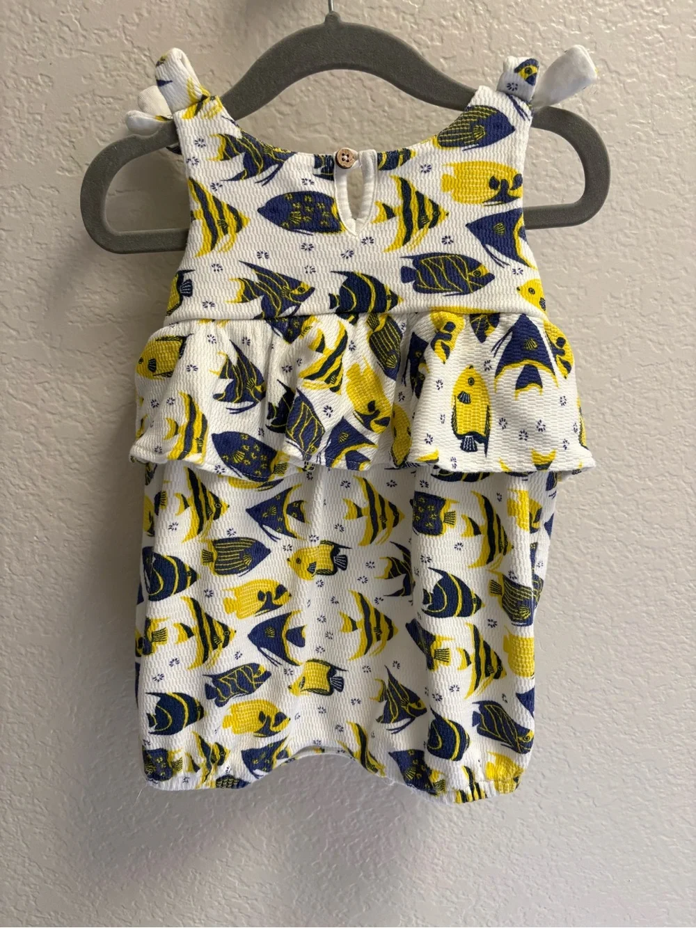 Baby Ruffle One-Piece in White with Yellow & Navy Fish Print